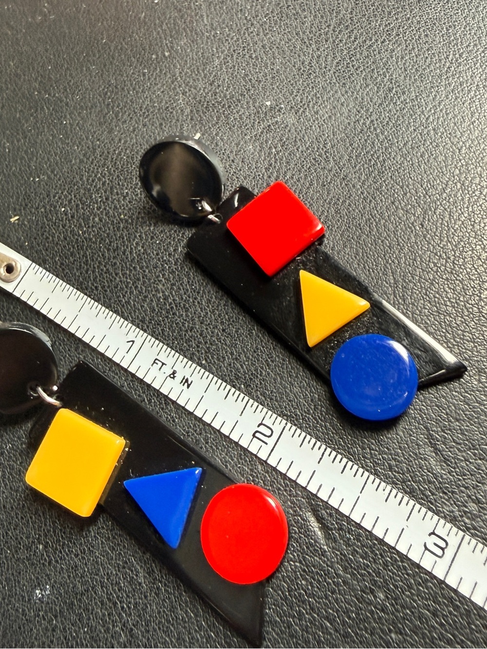 SOLD Vintage 80s 90s Acylic Geometric Color Block Dangle Earrings 2 3/8" Pierced - Picture 7 of 7
